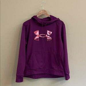 Under Armour Women's Magenta Purple Hoodie with Metallic Emblem- Loose Fit